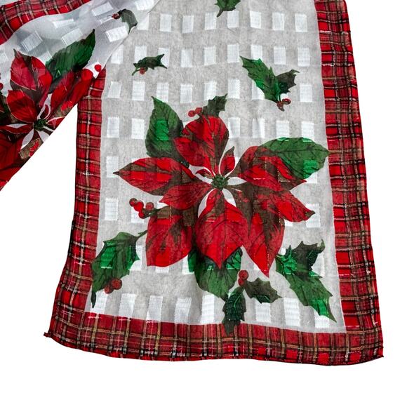 Christmas holiday silk burnout scarf long rectangle white green red plaid border - Picture 2 of 6